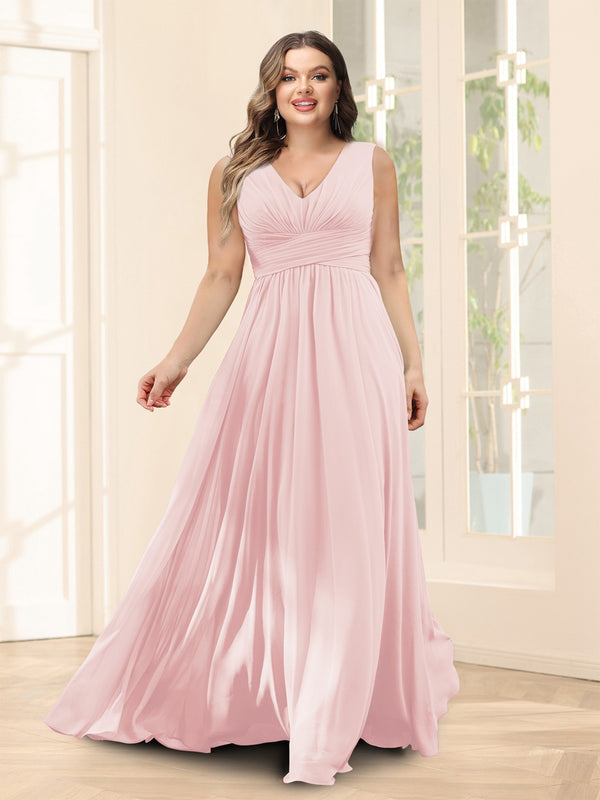 A-Line V-Neck Sleeveless Chiffon Plus Size Bridesmaid Dresses With Pockets