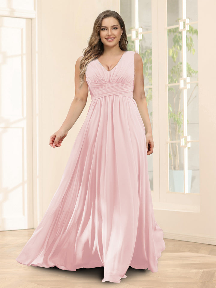 A-Line V-Neck Sleeveless Chiffon Plus Size Bridesmaid Dresses With Pockets