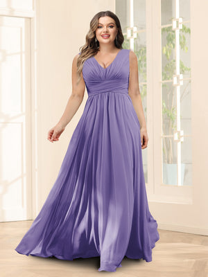 A-Line V-Neck Sleeveless Chiffon Plus Size Bridesmaid Dresses With Pockets