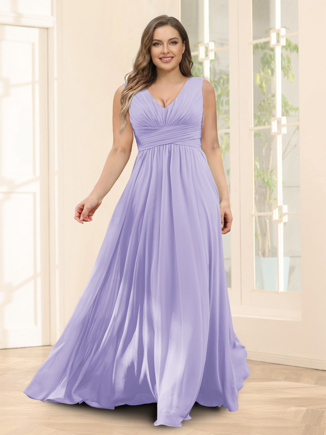 A-Line V-Neck Sleeveless Chiffon Plus Size Bridesmaid Dresses With Pockets