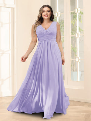 A-Line V-Neck Sleeveless Chiffon Plus Size Bridesmaid Dresses With Pockets