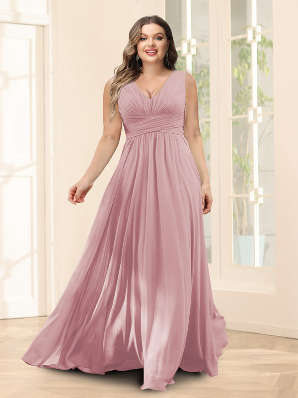 A-Line V-Neck Sleeveless Chiffon Plus Size Bridesmaid Dresses With Pockets
