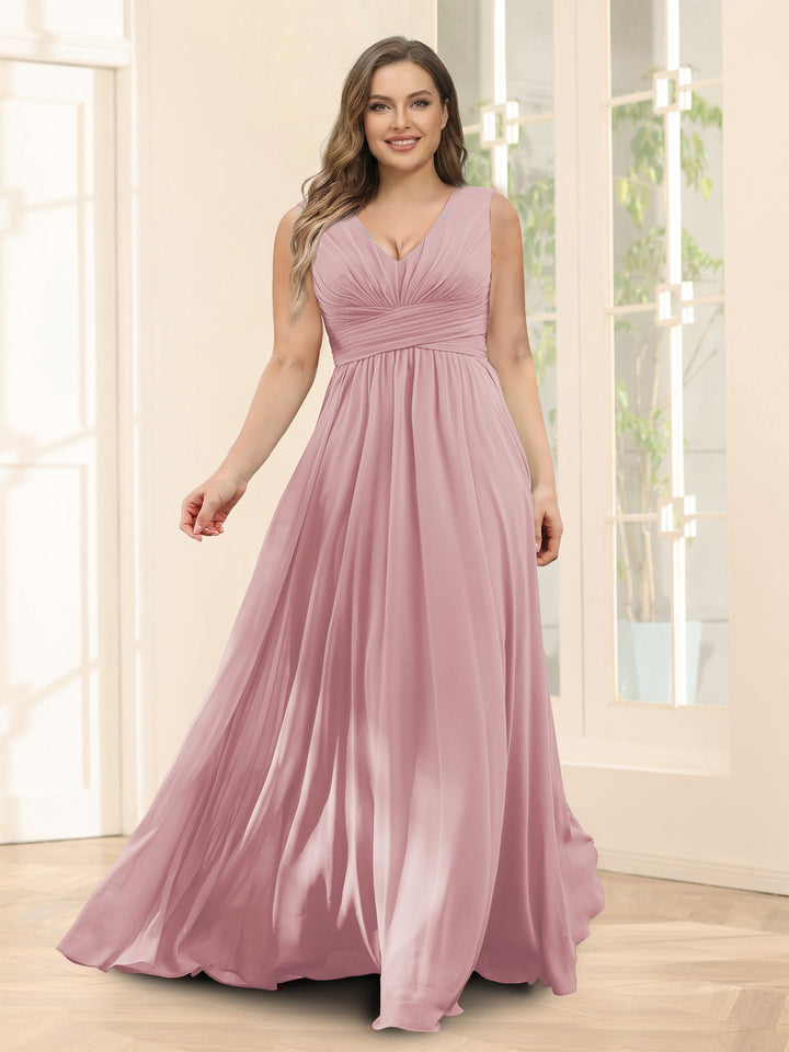 A-Line V-Neck Sleeveless Chiffon Plus Size Bridesmaid Dresses With Pockets