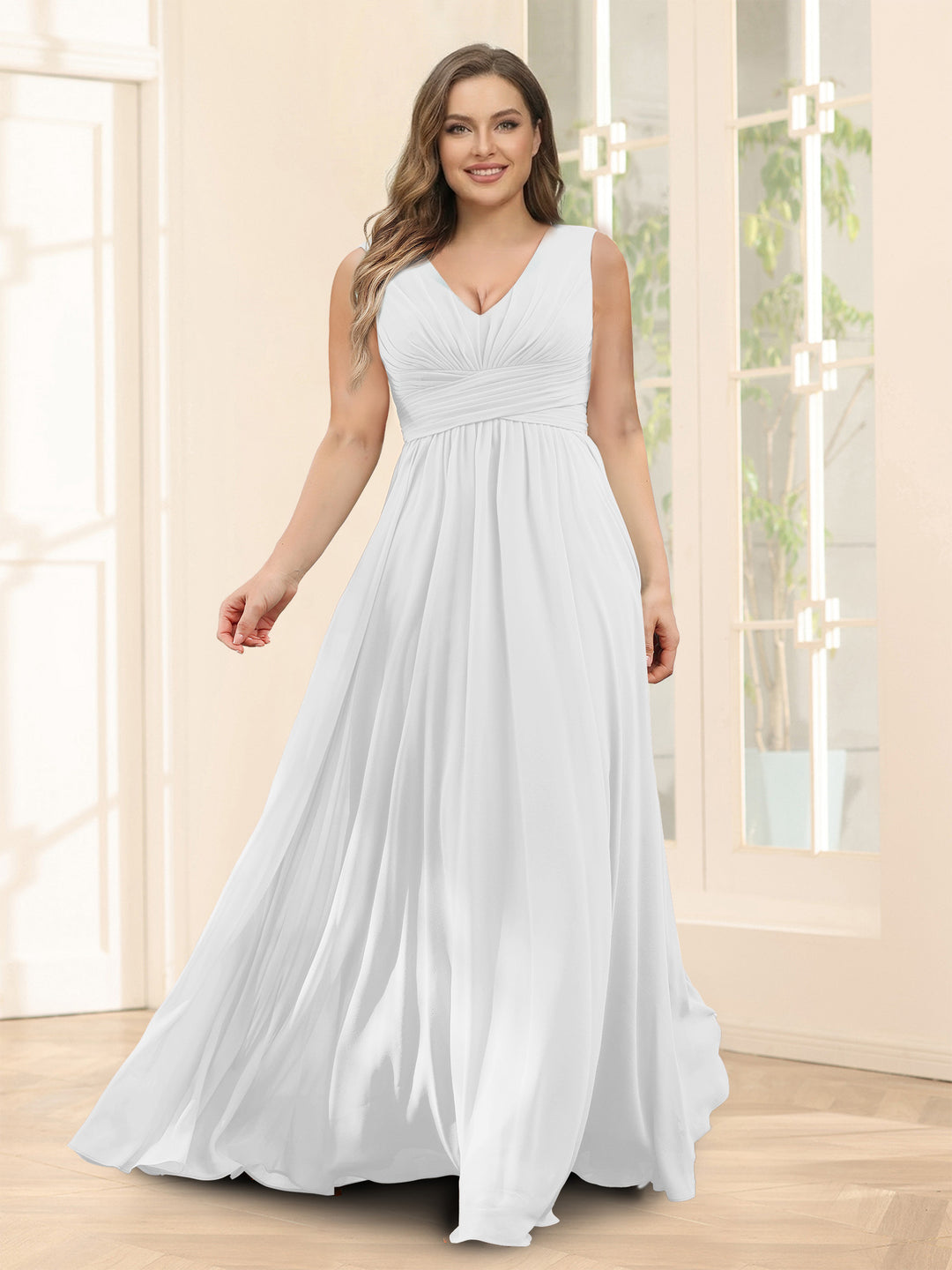 A-Line V-Neck Sleeveless Chiffon Plus Size Bridesmaid Dresses With Pockets