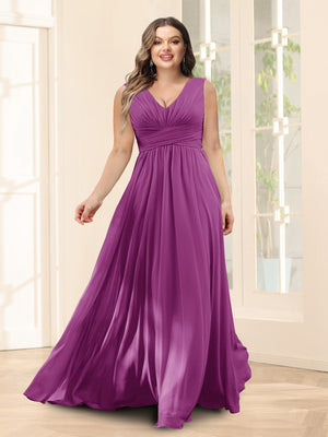 A-Line V-Neck Sleeveless Chiffon Plus Size Bridesmaid Dresses With Pockets