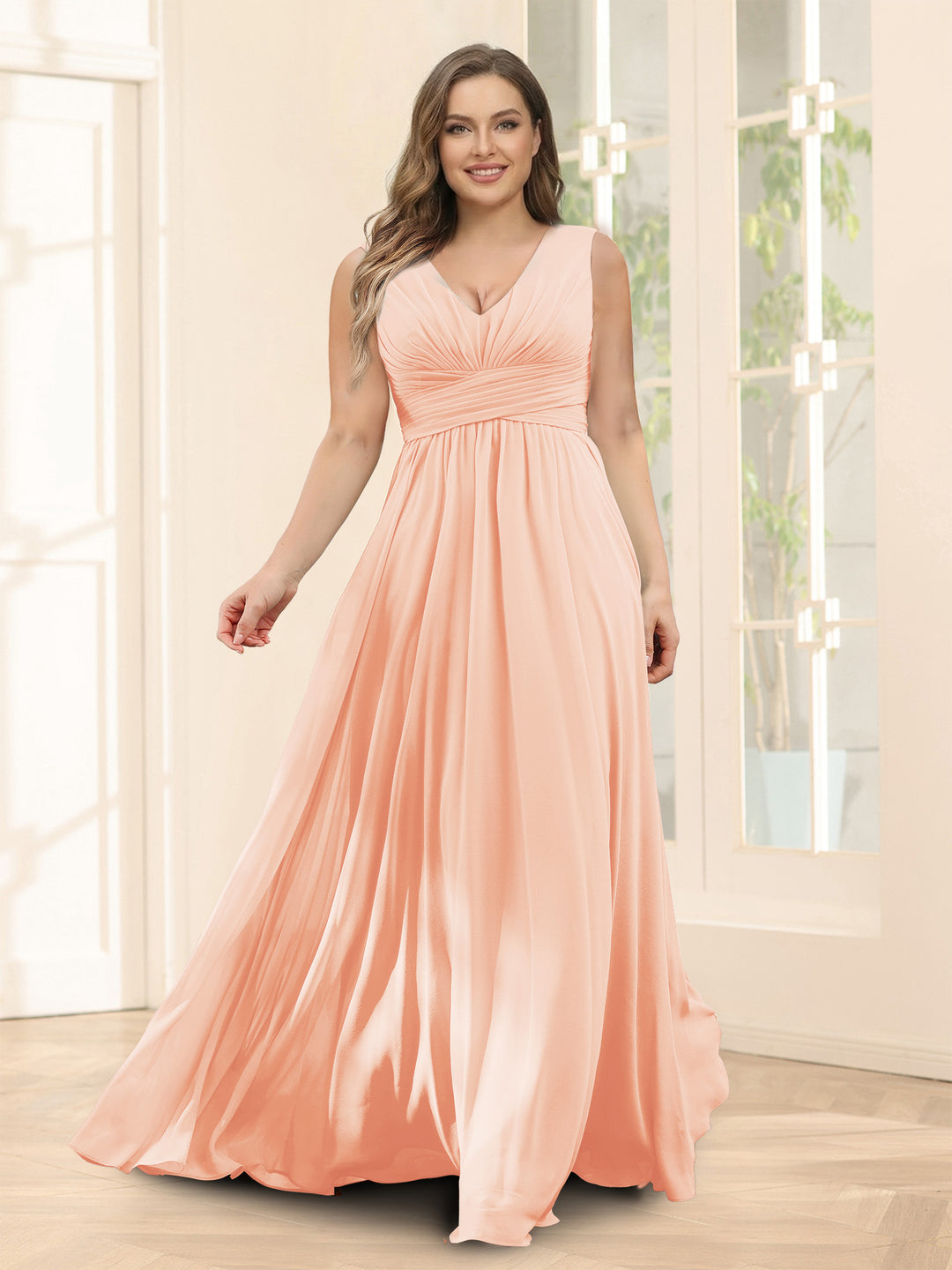A-Line V-Neck Sleeveless Chiffon Plus Size Bridesmaid Dresses With Pockets