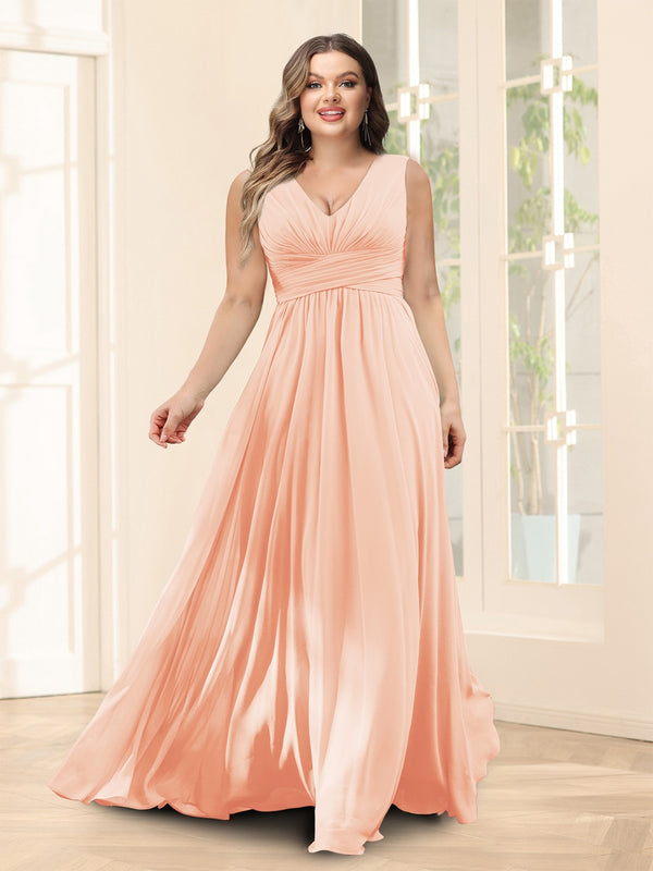 A-Line V-Neck Sleeveless Chiffon Plus Size Bridesmaid Dresses With Pockets