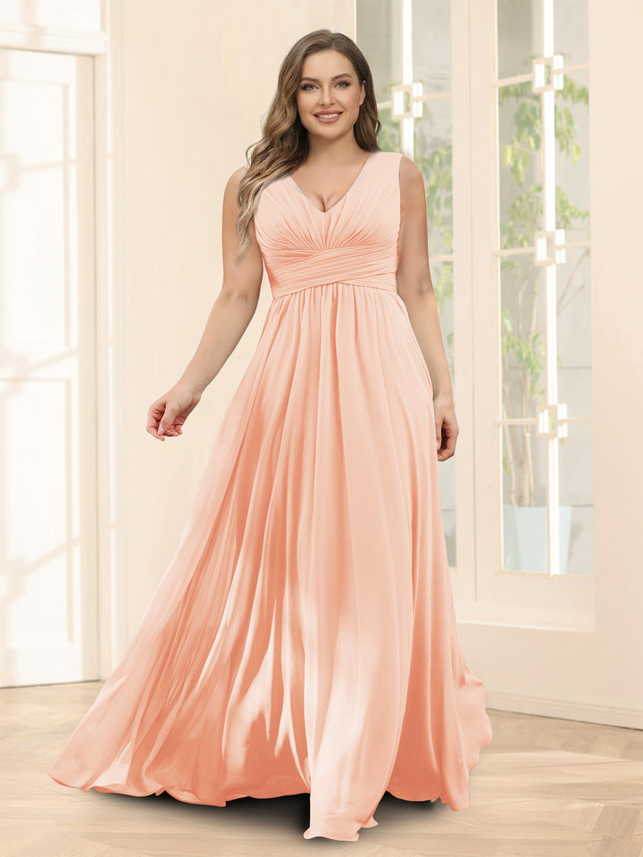 A-Line V-Neck Sleeveless Chiffon Plus Size Bridesmaid Dresses With Pockets