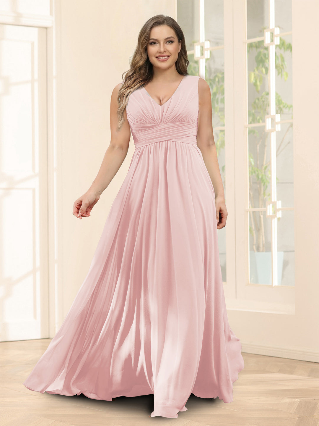 A-Line V-Neck Sleeveless Chiffon Plus Size Bridesmaid Dresses With Pockets