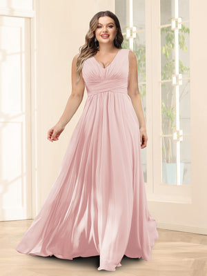 A-Line V-Neck Sleeveless Chiffon Plus Size Bridesmaid Dresses With Pockets