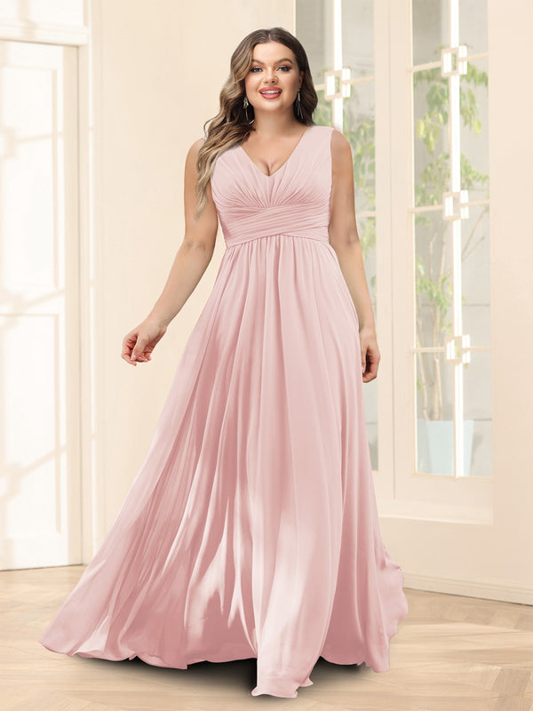 A-Line V-Neck Sleeveless Chiffon Plus Size Bridesmaid Dresses With Pockets