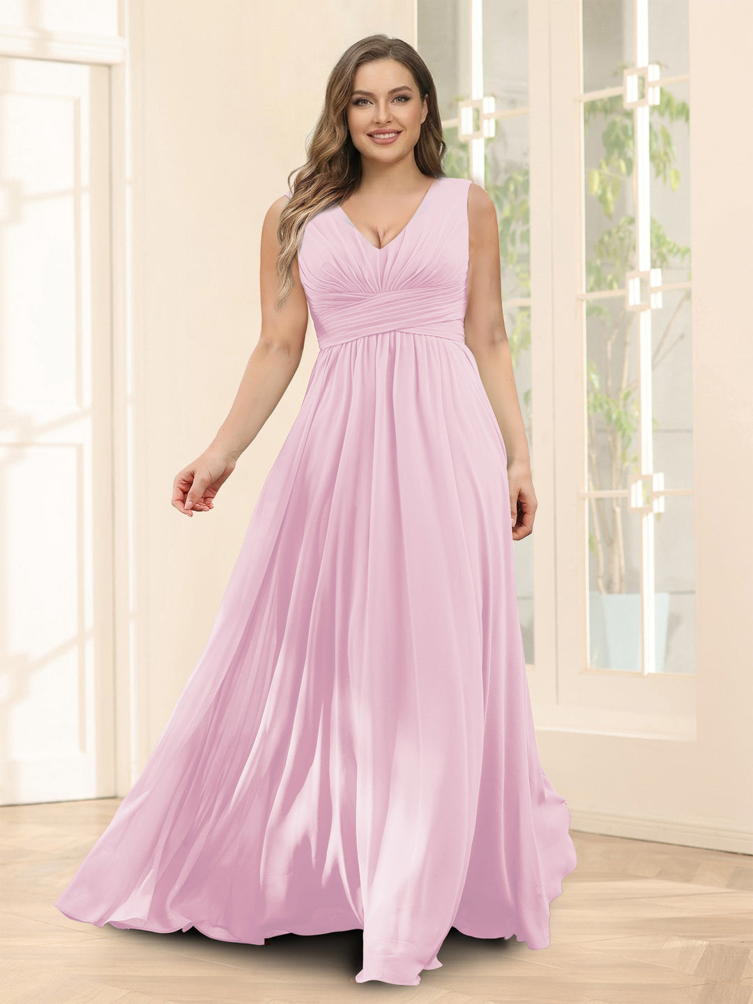 A-Line V-Neck Sleeveless Chiffon Plus Size Bridesmaid Dresses With Pockets