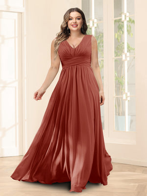 A-Line V-Neck Sleeveless Chiffon Plus Size Bridesmaid Dresses With Pockets