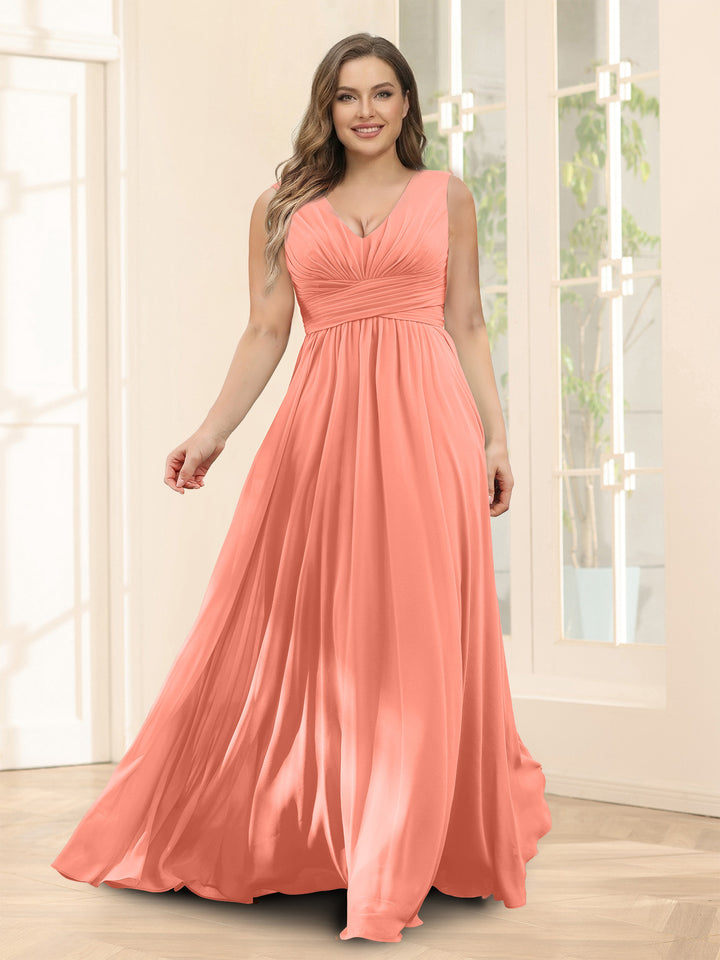 A-Line V-Neck Sleeveless Chiffon Plus Size Bridesmaid Dresses With Pockets