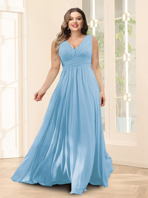 A-Line V-Neck Sleeveless Chiffon Plus Size Bridesmaid Dresses With Pockets