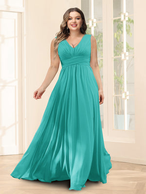 A-Line V-Neck Sleeveless Chiffon Plus Size Bridesmaid Dresses With Pockets