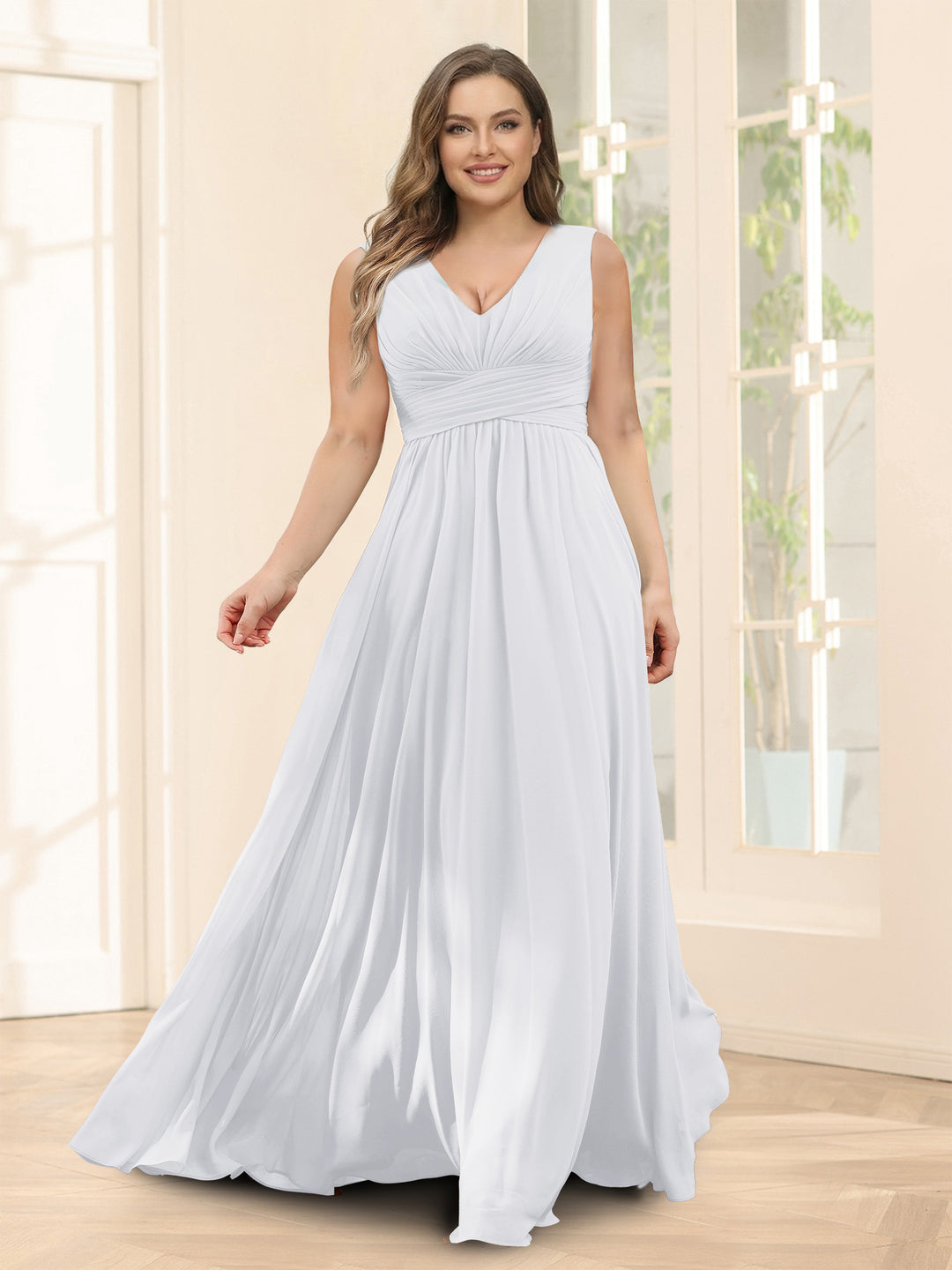 A-Line V-Neck Sleeveless Chiffon Plus Size Bridesmaid Dresses With Pockets