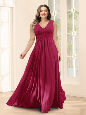 A-Line V-Neck Sleeveless Chiffon Plus Size Bridesmaid Dresses With Pockets