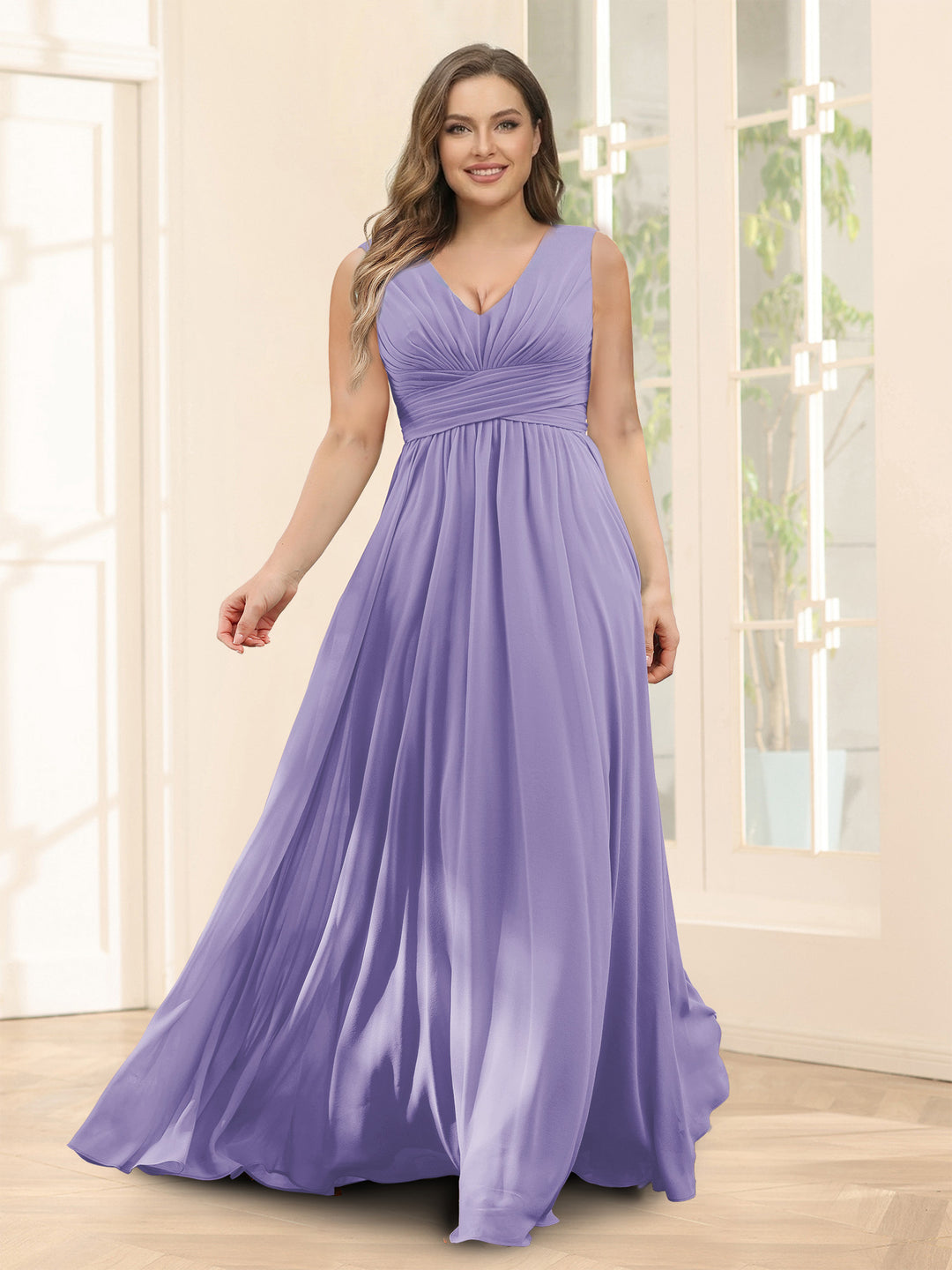 A-Line V-Neck Sleeveless Chiffon Plus Size Bridesmaid Dresses With Pockets