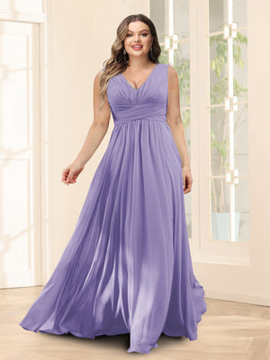 A-Line V-Neck Sleeveless Chiffon Plus Size Bridesmaid Dresses With Pockets