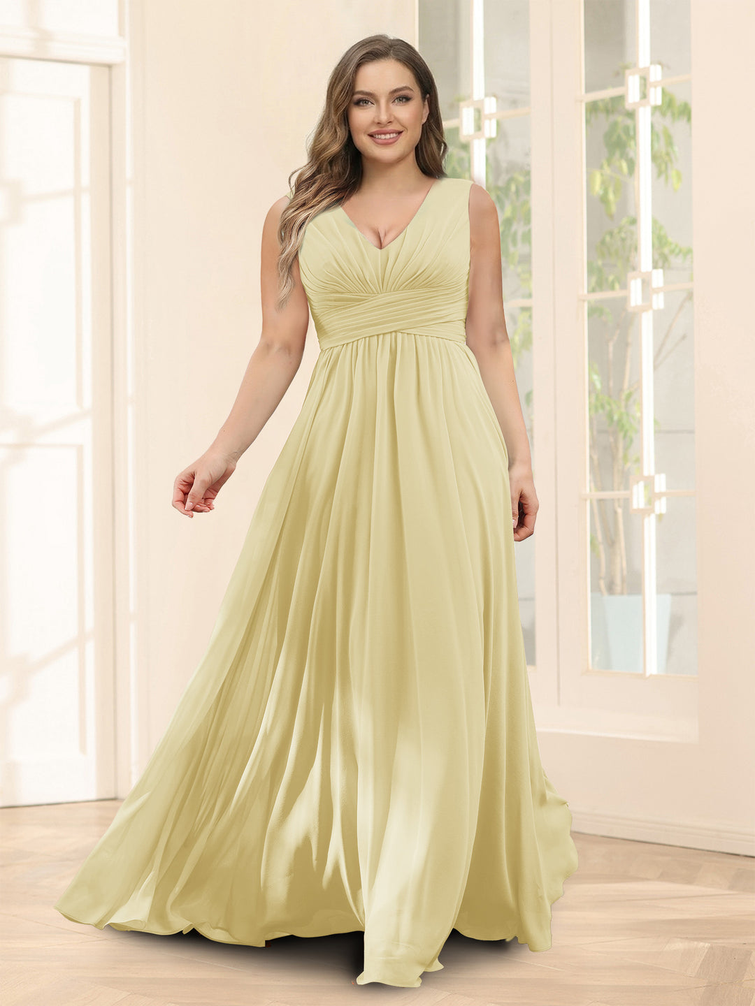 A-Line V-Neck Sleeveless Chiffon Plus Size Bridesmaid Dresses With Pockets