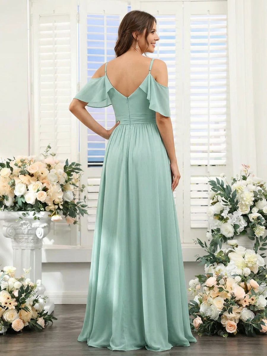A-Line/Princess V-Neck Spaghetti Straps Floor-Length Chiffon Bridesmaid Dresses with Ruffles