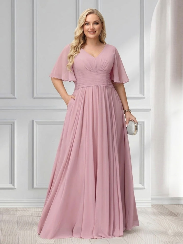 A-Line/Princess V-Neck Half Sleeves Chiffon Plus Size Bridesmaid Dresses with Pockets