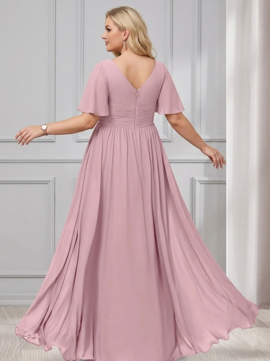 A-Line/Princess V-Neck Half Sleeves Chiffon Plus Size Bridesmaid Dresses with Pockets