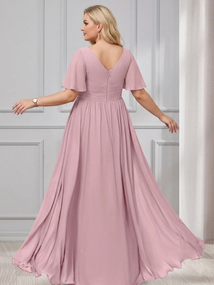 A-Line/Princess V-Neck Half Sleeves Chiffon Plus Size Bridesmaid Dresses with Pockets