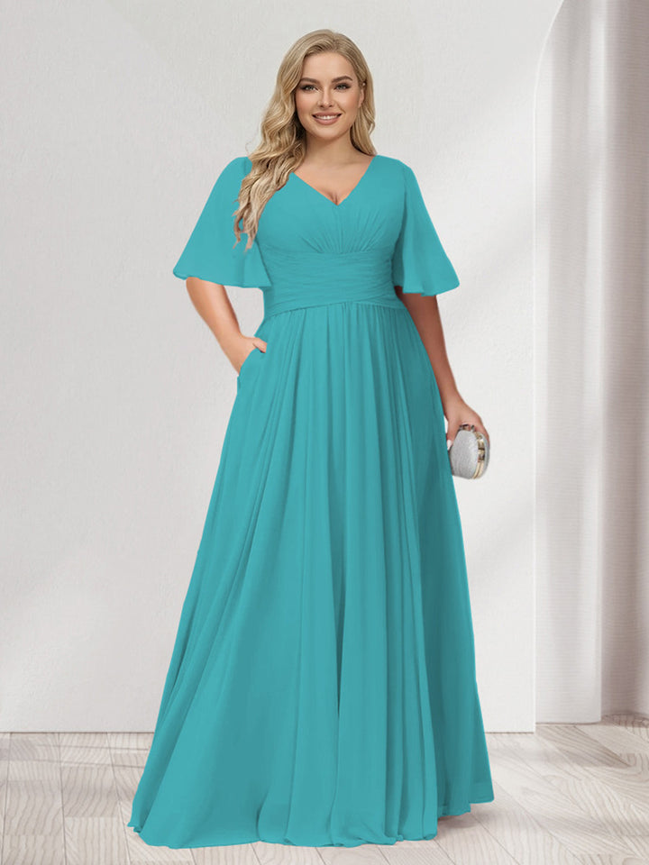A-Line/Princess V-Neck Half Sleeves Chiffon Plus Size Bridesmaid Dresses with Pockets