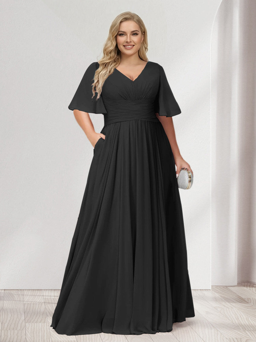 A-Line/Princess V-Neck Half Sleeves Chiffon Plus Size Bridesmaid Dresses with Pockets