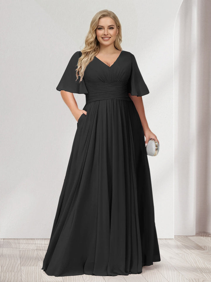 A-Line/Princess V-Neck Half Sleeves Chiffon Plus Size Bridesmaid Dresses with Pockets