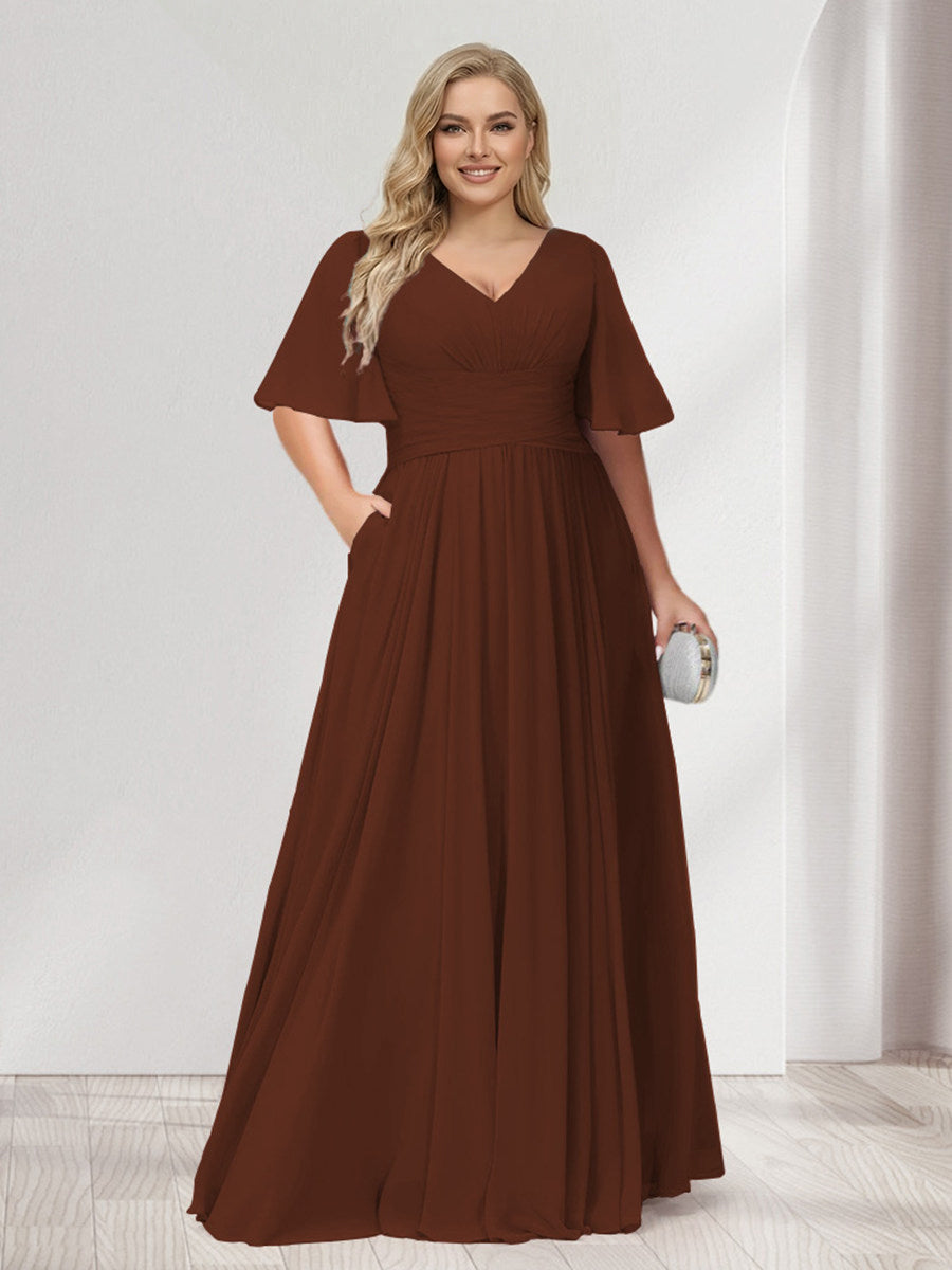 A-Line/Princess V-Neck Half Sleeves Chiffon Plus Size Bridesmaid Dresses with Pockets