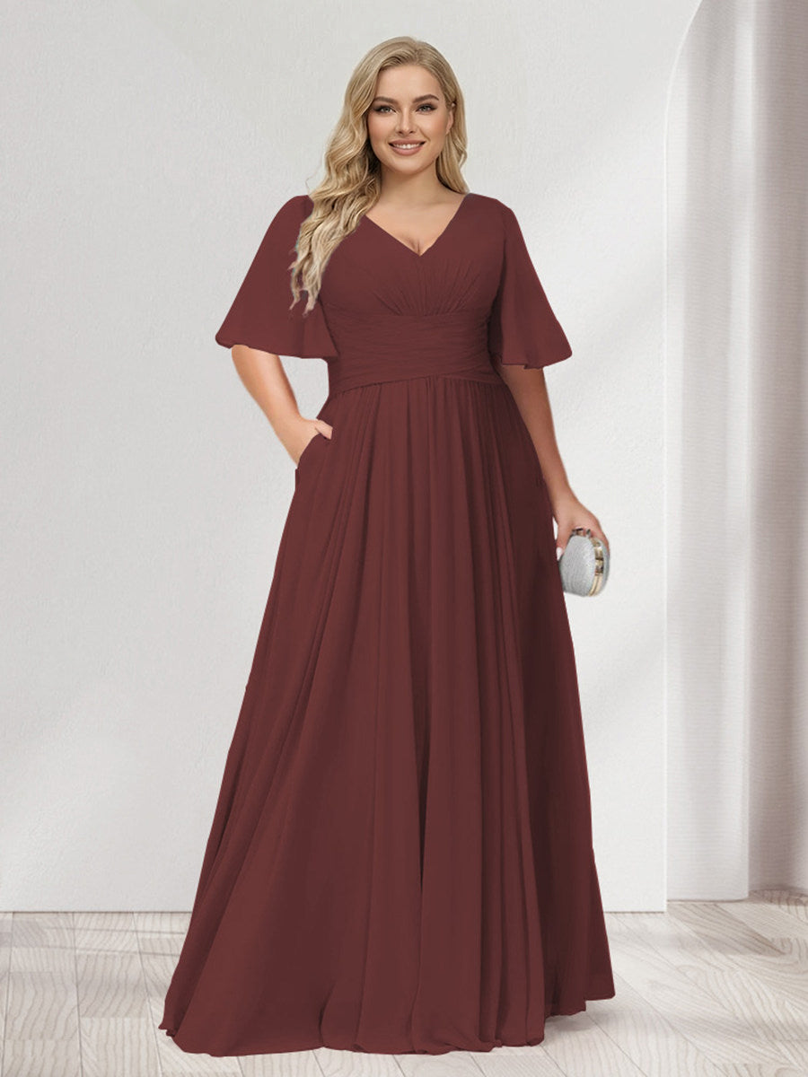 A-Line/Princess V-Neck Half Sleeves Chiffon Plus Size Bridesmaid Dresses with Pockets