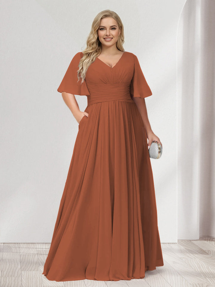 A-Line/Princess V-Neck Half Sleeves Chiffon Plus Size Bridesmaid Dresses with Pockets