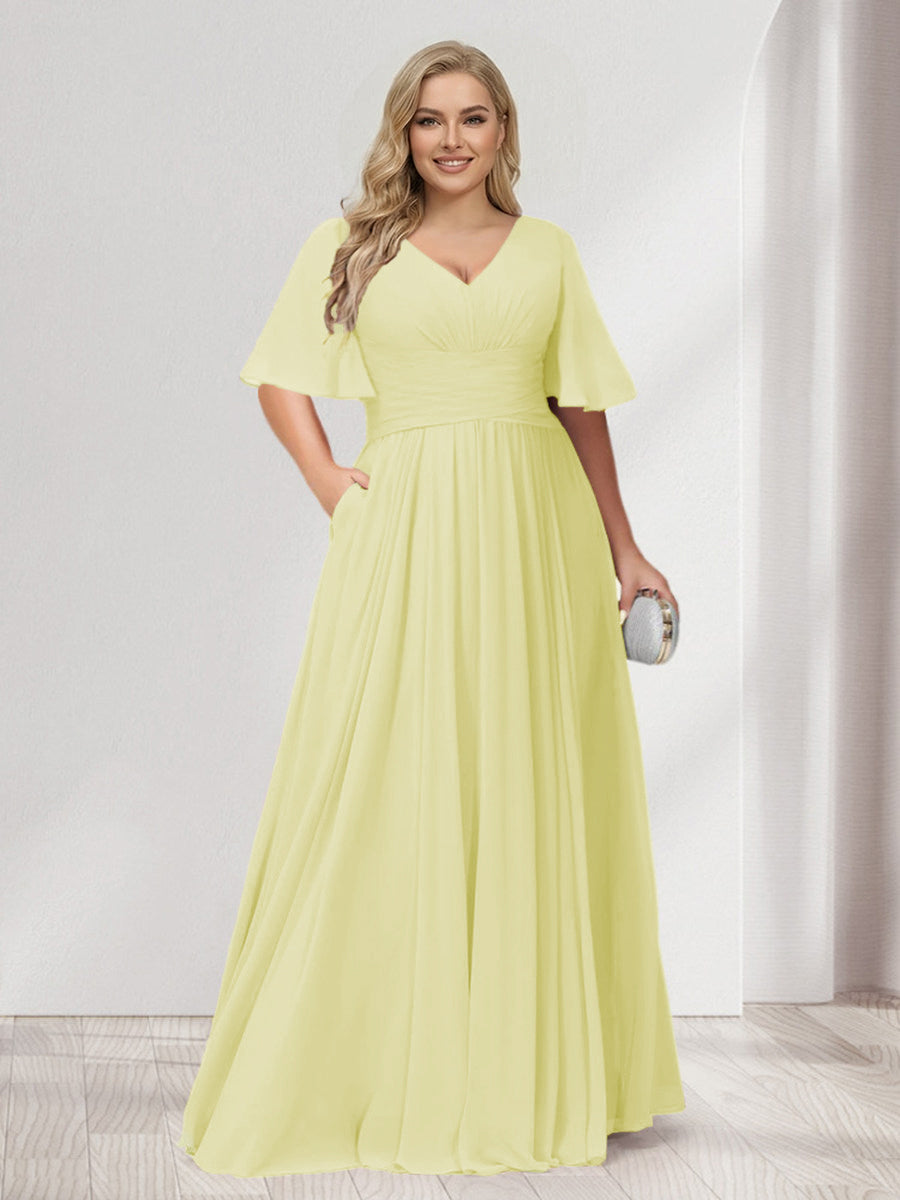 A-Line/Princess V-Neck Half Sleeves Chiffon Plus Size Bridesmaid Dresses with Pockets