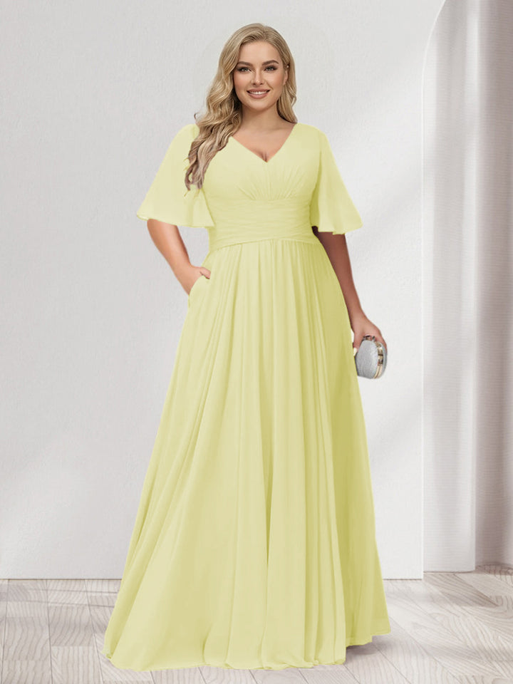 A-Line/Princess V-Neck Half Sleeves Chiffon Plus Size Bridesmaid Dresses with Pockets