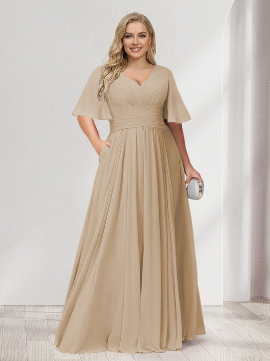 A-Line/Princess V-Neck Half Sleeves Chiffon Plus Size Bridesmaid Dress – Lavetir