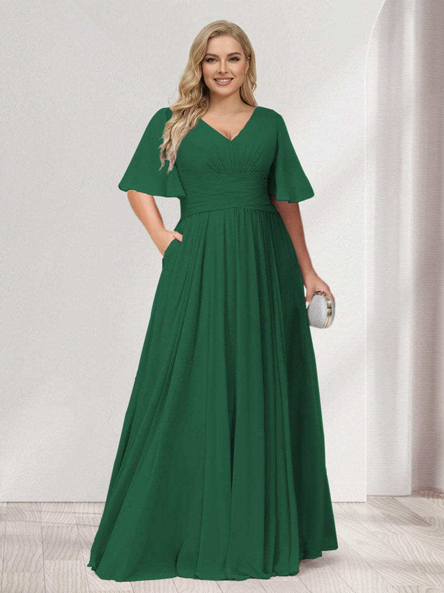 A-Line/Princess V-Neck Half Sleeves Chiffon Plus Size Bridesmaid Dresses with Pockets