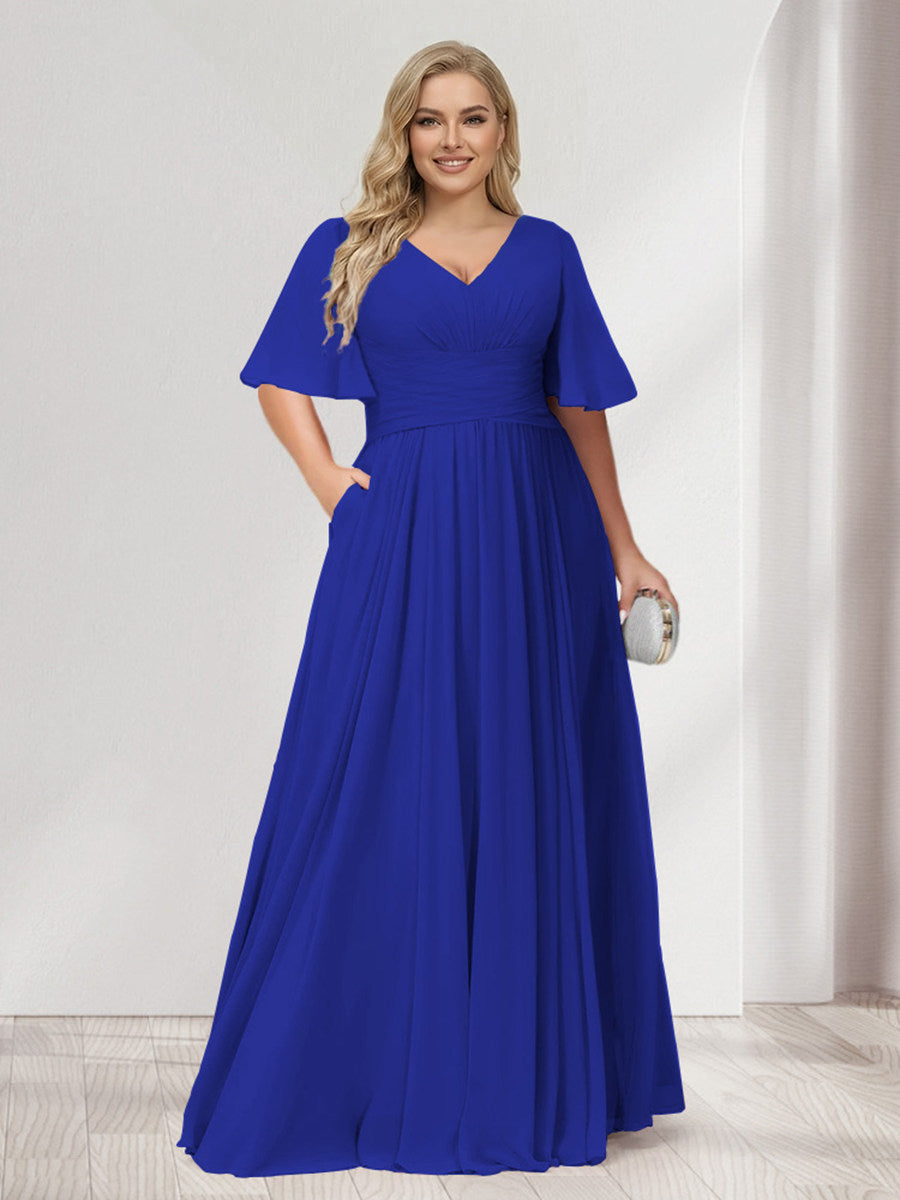 A-Line/Princess V-Neck Half Sleeves Chiffon Plus Size Bridesmaid Dresses with Pockets
