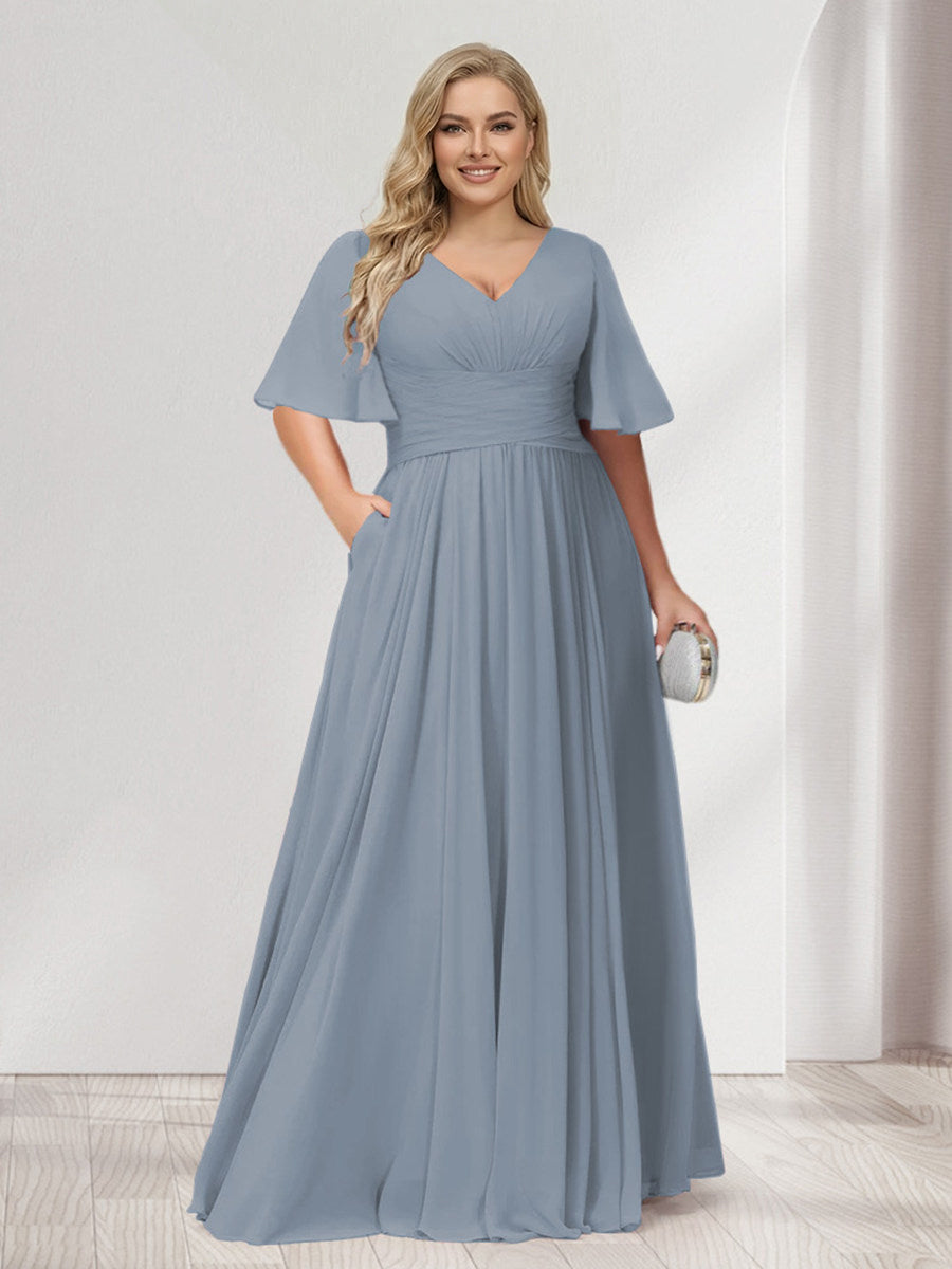 A-Line/Princess V-Neck Half Sleeves Chiffon Plus Size Bridesmaid Dresses with Pockets