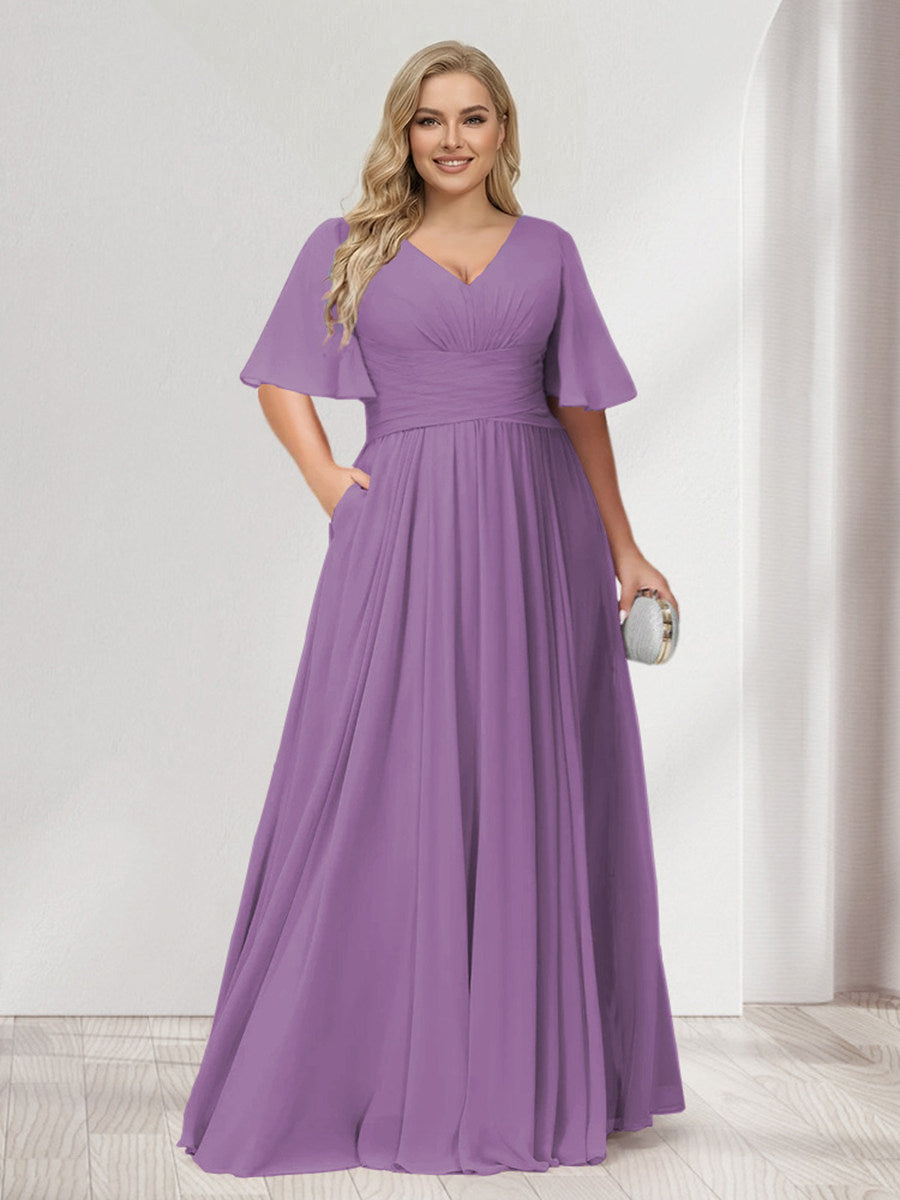 A-Line/Princess V-Neck Half Sleeves Chiffon Plus Size Bridesmaid Dresses with Pockets