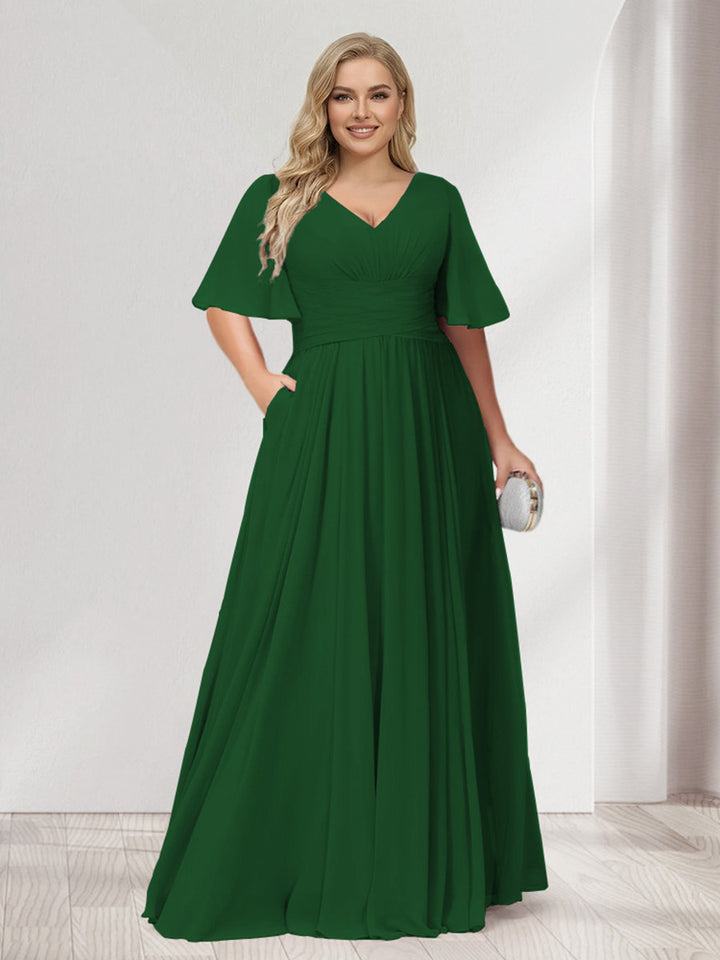 A-Line/Princess V-Neck Half Sleeves Chiffon Plus Size Bridesmaid Dresses with Pockets