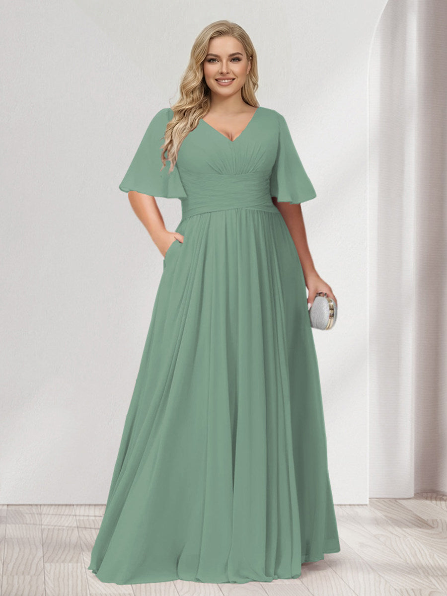 A-Line/Princess V-Neck Half Sleeves Chiffon Plus Size Bridesmaid Dresses with Pockets