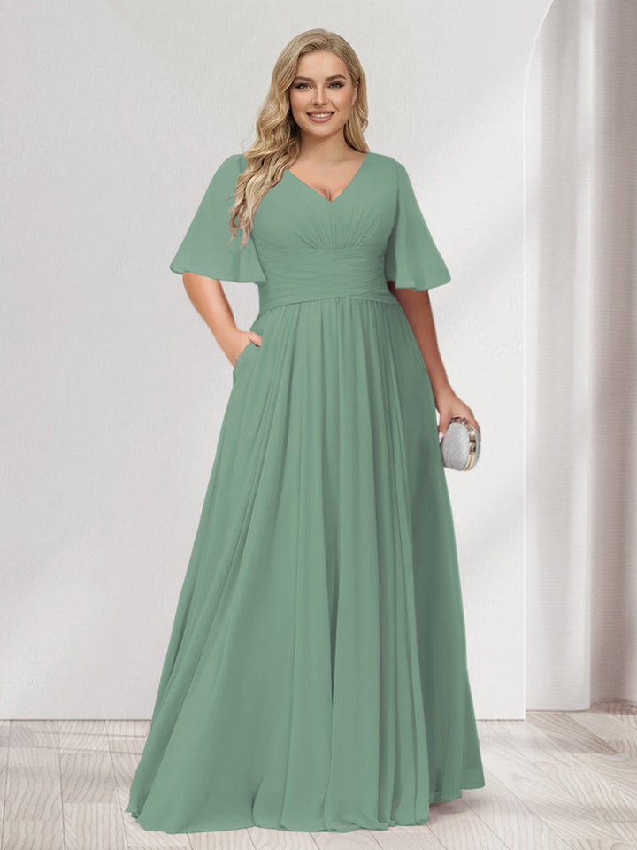 A-Line/Princess V-Neck Half Sleeves Chiffon Plus Size Bridesmaid Dresses with Pockets