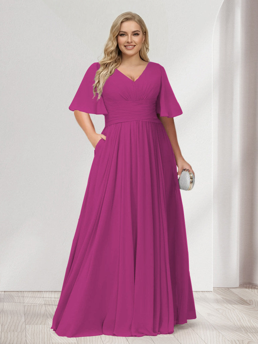 A-Line/Princess V-Neck Half Sleeves Chiffon Plus Size Bridesmaid Dresses with Pockets