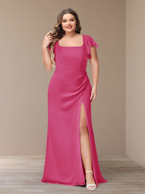 A-Line/Princess V-Neck Half Sleeves Chiffon Plus Size Bridesmaid Dresses with Pockets
