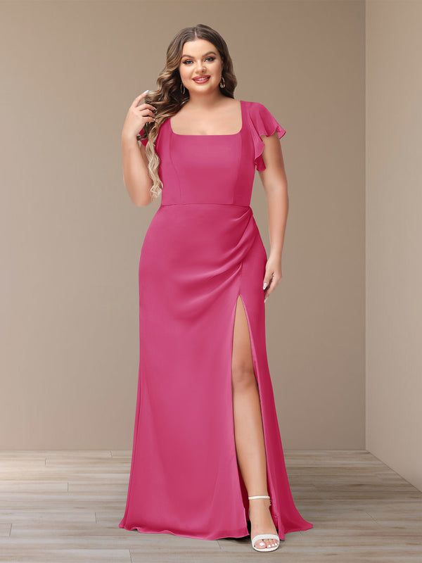 A-Line/Princess V-Neck Half Sleeves Chiffon Plus Size Bridesmaid Dresses with Pockets