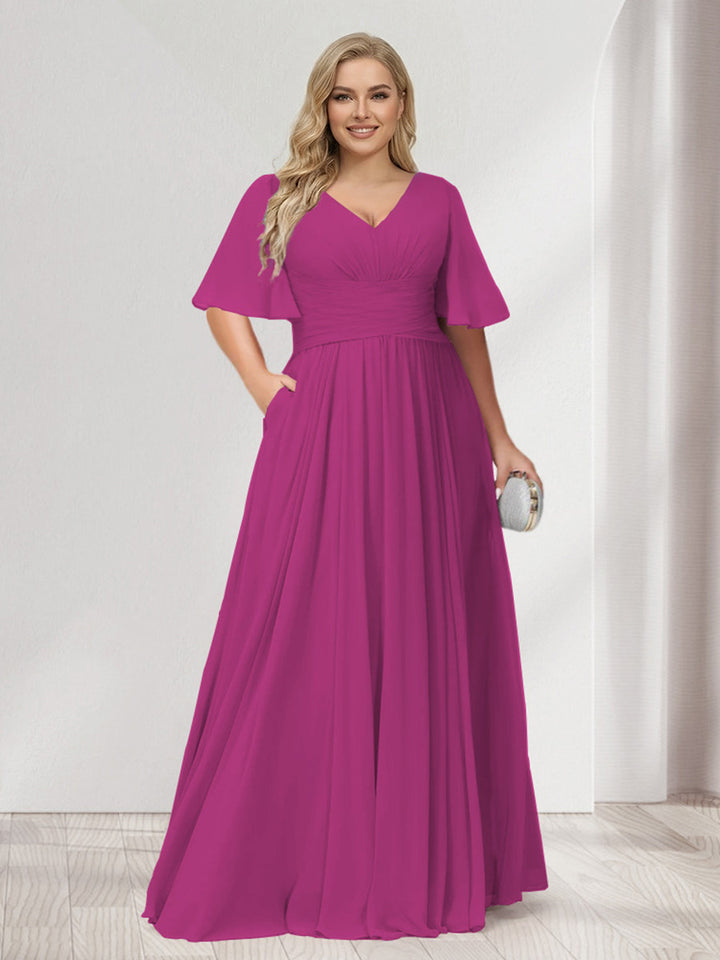 A-Line/Princess V-Neck Half Sleeves Chiffon Plus Size Bridesmaid Dresses with Pockets