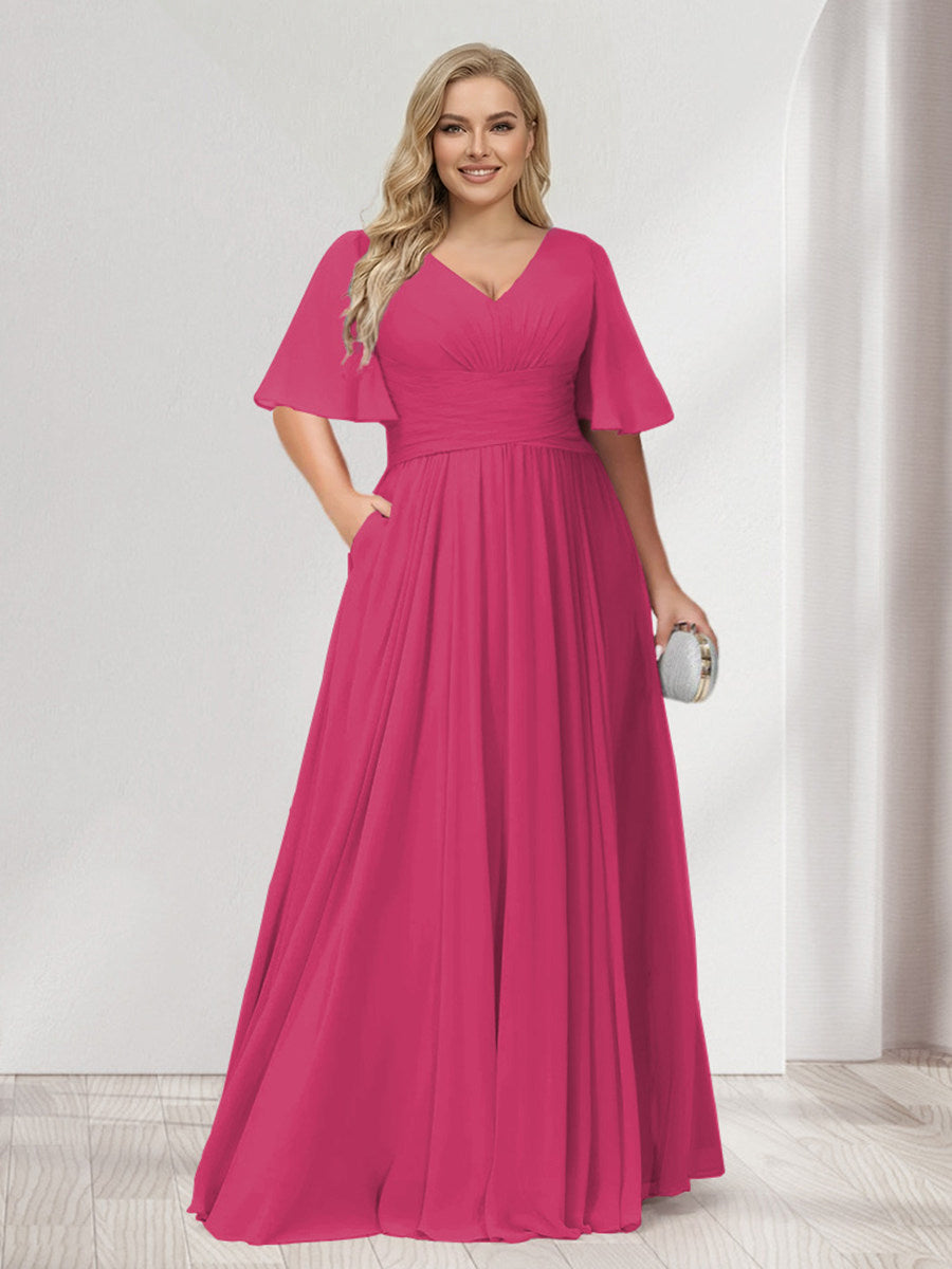 A-Line/Princess V-Neck Half Sleeves Chiffon Plus Size Bridesmaid Dresses with Pockets